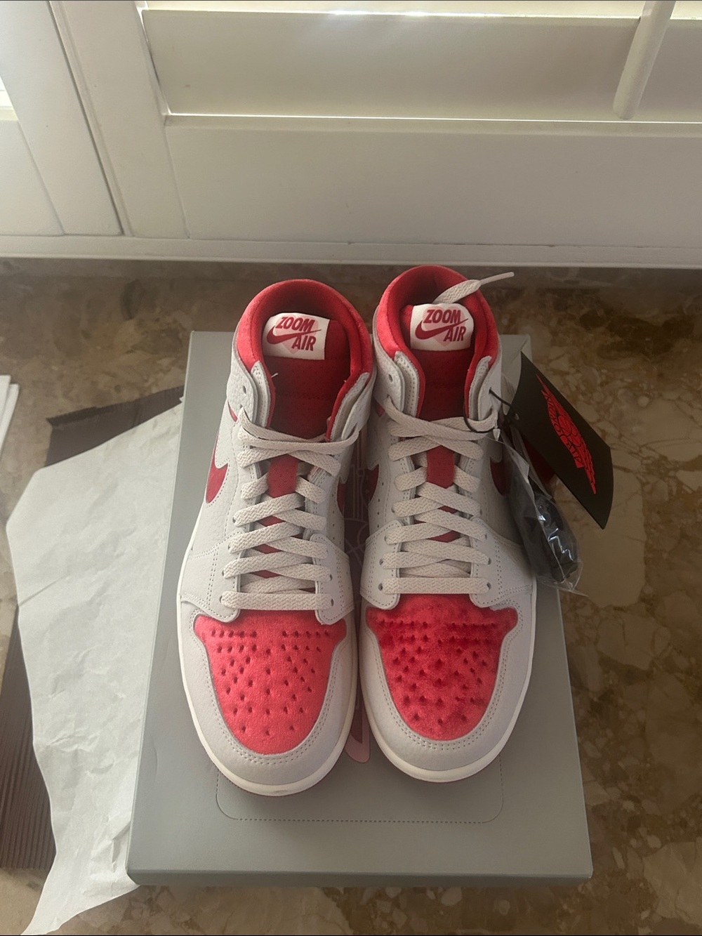BNIB Nike Jordan BNIB Gray Shoe Box with red  Logo Accent Womens 8.5 - Picture 13 of 15